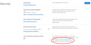 turn off two factor authentication in iphone