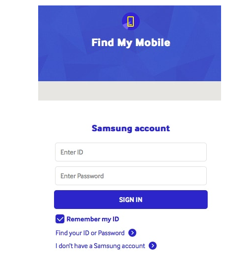 Find my Mobile login page to find lost samsung phone