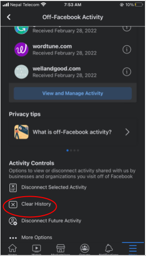 clear history to stop facebook from tracking web activity