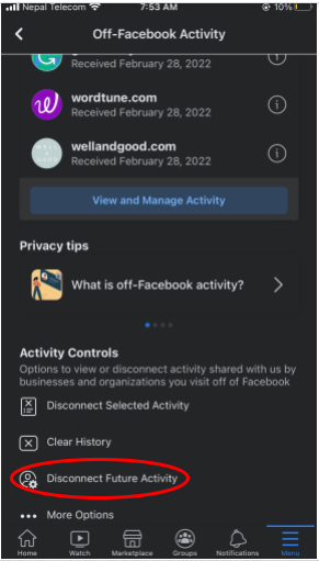 step to stop facebook from tracking web activity in future